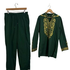 Green and Gold Embroidered Men's Dashiki Set